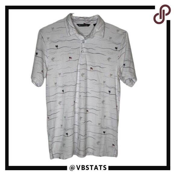 Travis Mathew White SS Polo with Flags‎ and Palm Tree Small Print Size Medium - Picture 1 of 4